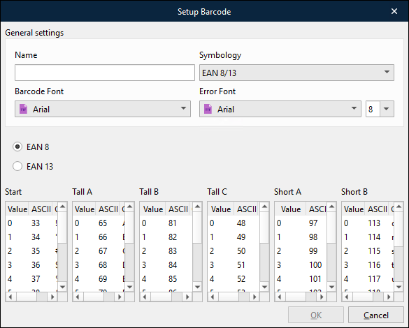 The Setup Barcode window with EAN 8/13 symbology selected.